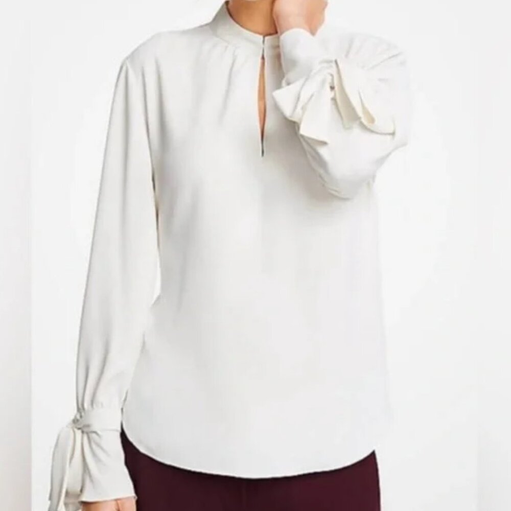 Ann Taylor Cream Keyhole Bow Tie Cuff Long Sleeve Crepe Blouse